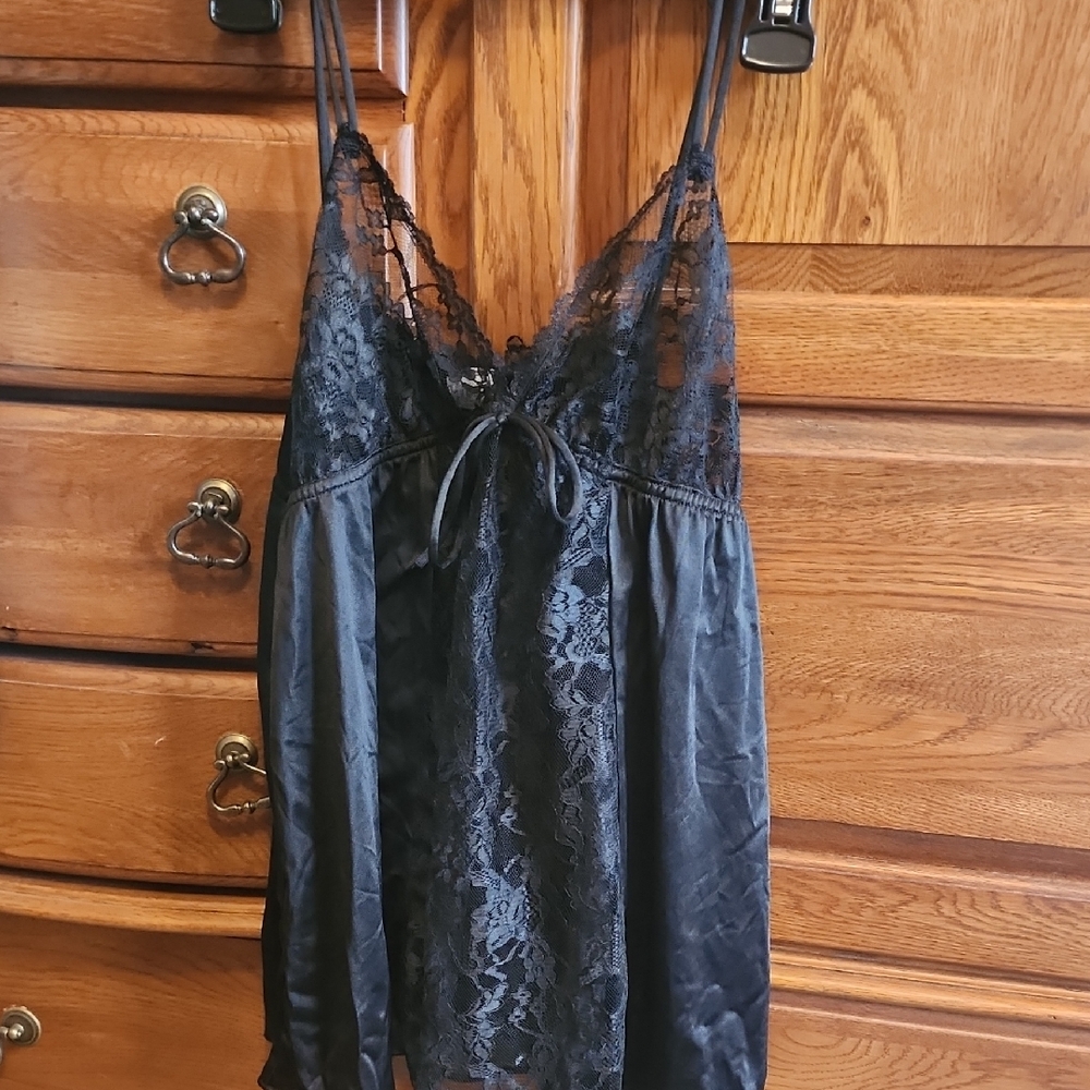 Black Satin & Lace Chemise with Adjustable Straps
